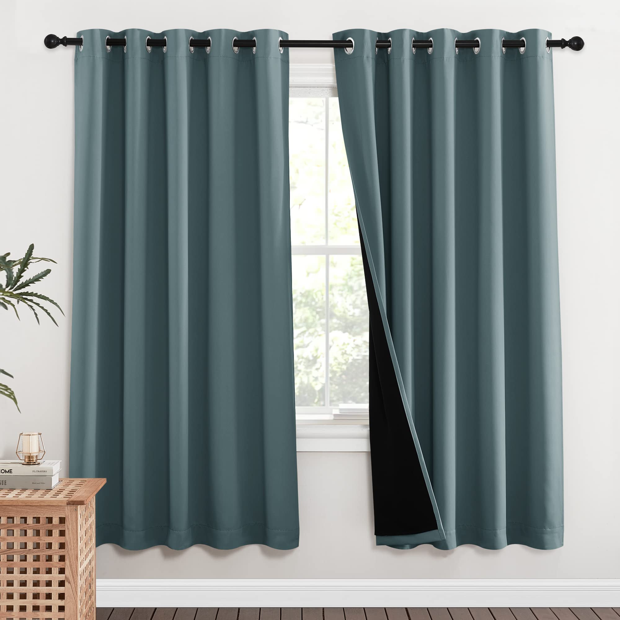 NICETOWN 100% Blackout Window Curtain Panels, Full Light Blocking Drapes with Black Liner for Nursery, 72-inch Drop Thermal Insulated Draperies (Aqua,