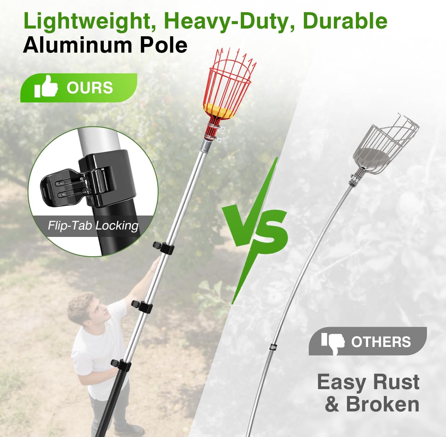 ARTIPOLY 20FT Reach Telescoping Fruit Picker, 4-12FT Adjustable Aluminum Pole with Basket, Lightweight Heavy Duty Tool for Harvesting Apples Mangoes Avocados Pears Lemons