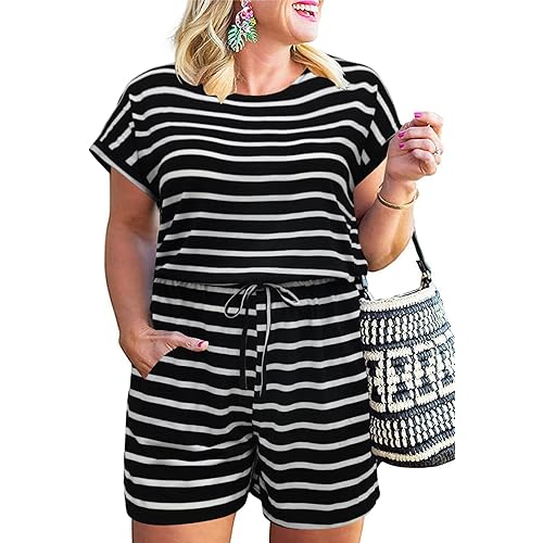 Nemidor Plus Size Rompers for Curvy Women Casual Summer One Piece Short Sleeve Loose Elastic Waist Jumpsuit with Pocket