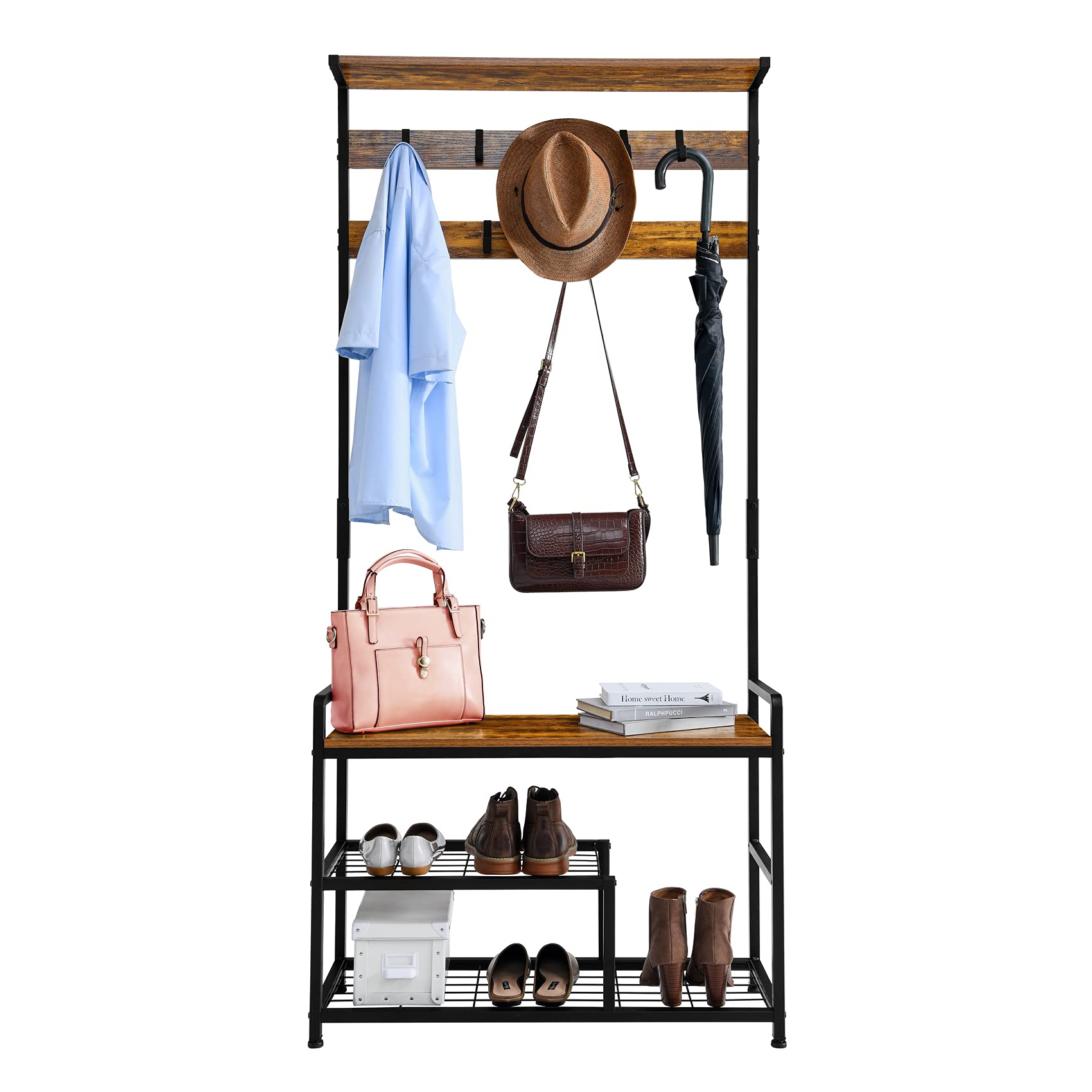 Mr IRONSTONE Hall Tree 3-in-1 Coat Rack Shoe Bench Entryway Storage Shelf Stand with Hanging Bar and 9 Hooks Easy Assembly (Vintage)