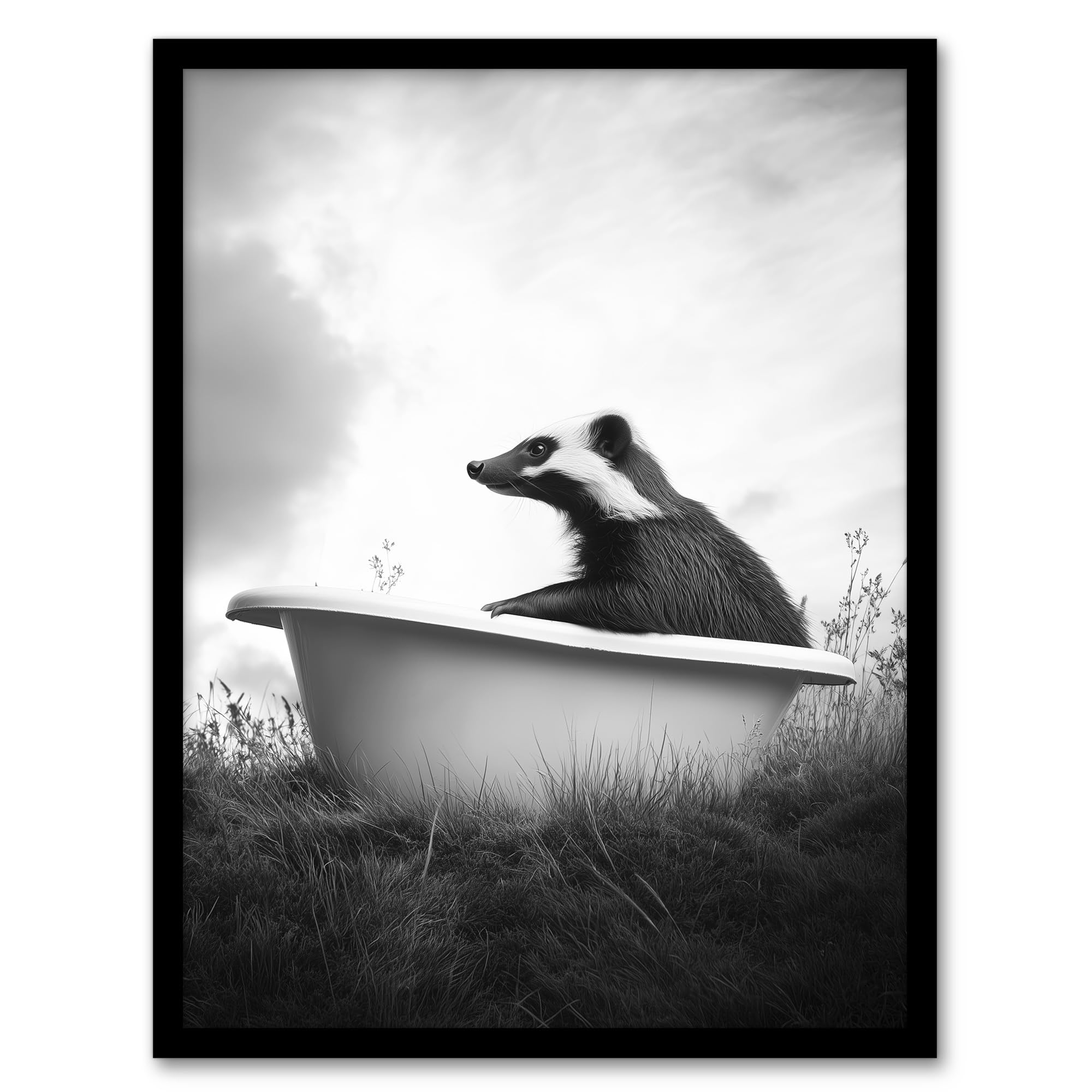 Artery8 Honey Badger In Bathtub Black White Surreal Wall Art PrintA4 Size from B&Q