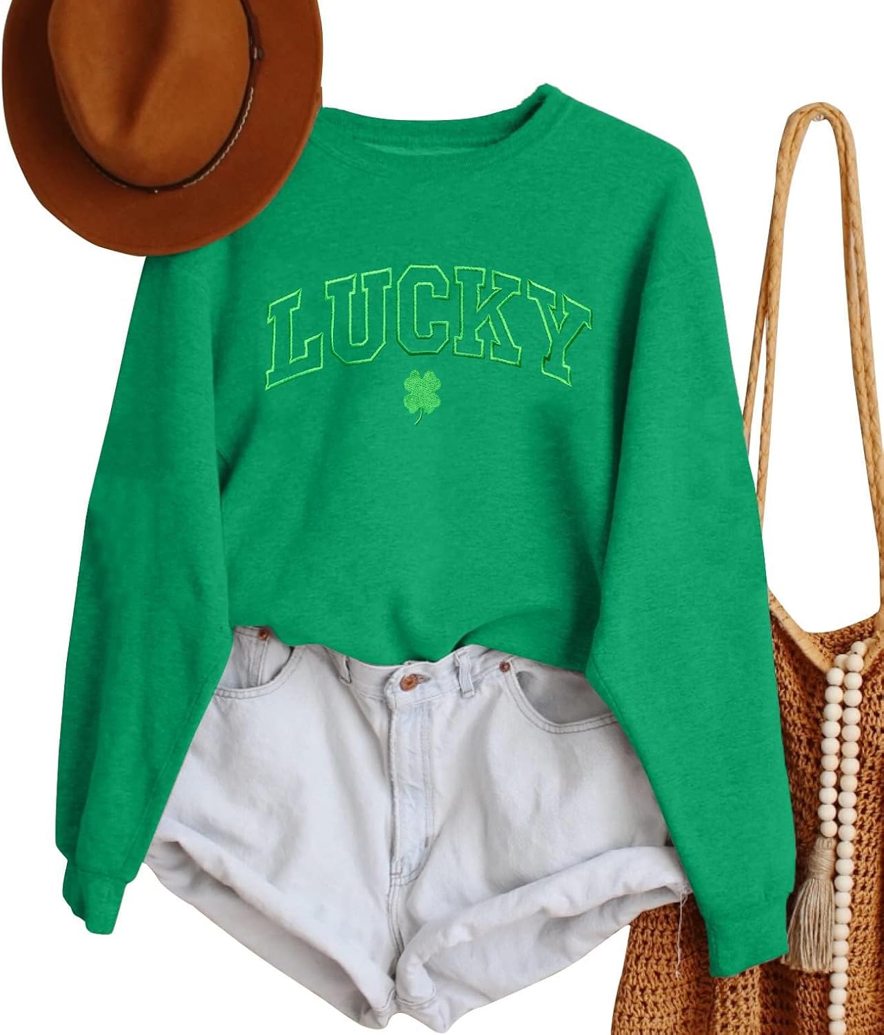 TOWNOWN St Patricks Day Sweatshirt for Women Lucky Shamrock Graphic Print T Shirt Long Sleeve Embroidered Lucky Pullover Top