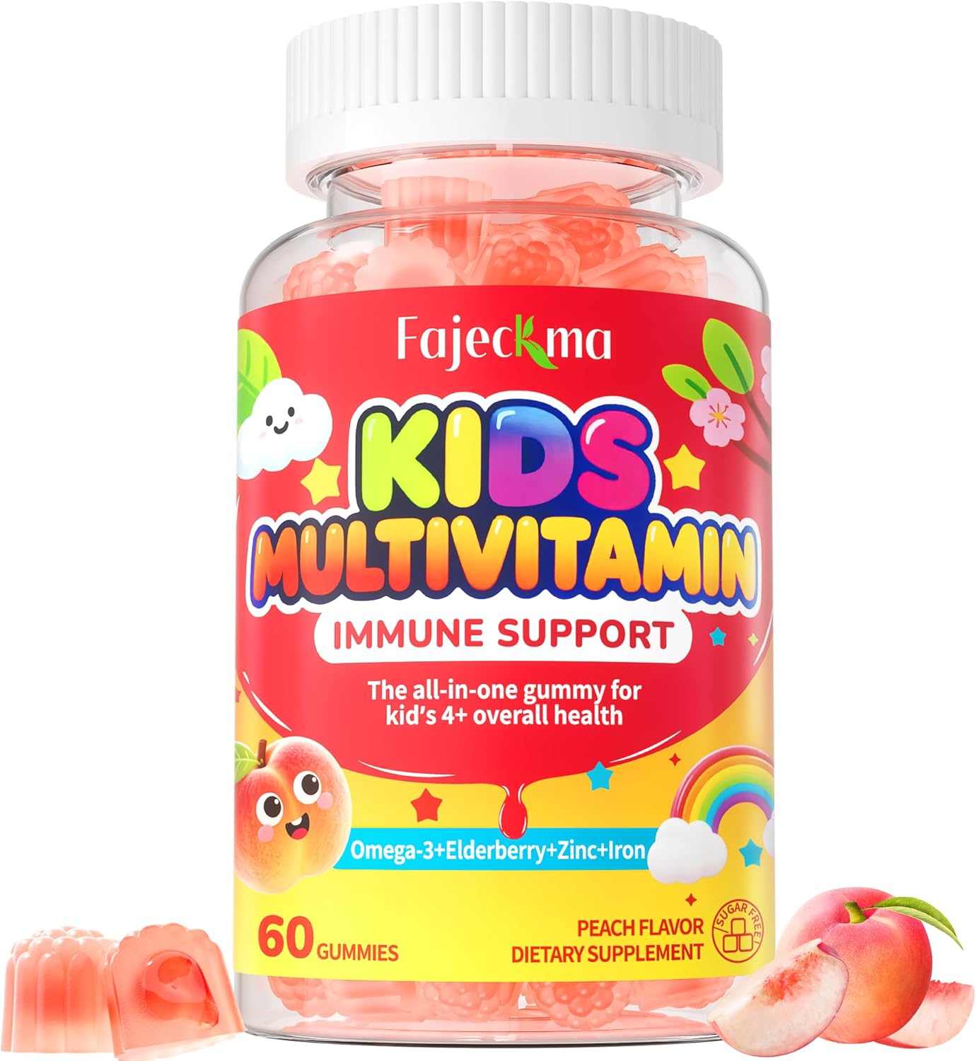 Organic Kids Multivitamin Gummies: Sugar Free Multi Vitamin Gummy with Vitamins D3 Iron Omega Probiotic Elderberry Calcium Zinc Dha - Immune Focus Health Support for Teen Boys Girls(60Count)
