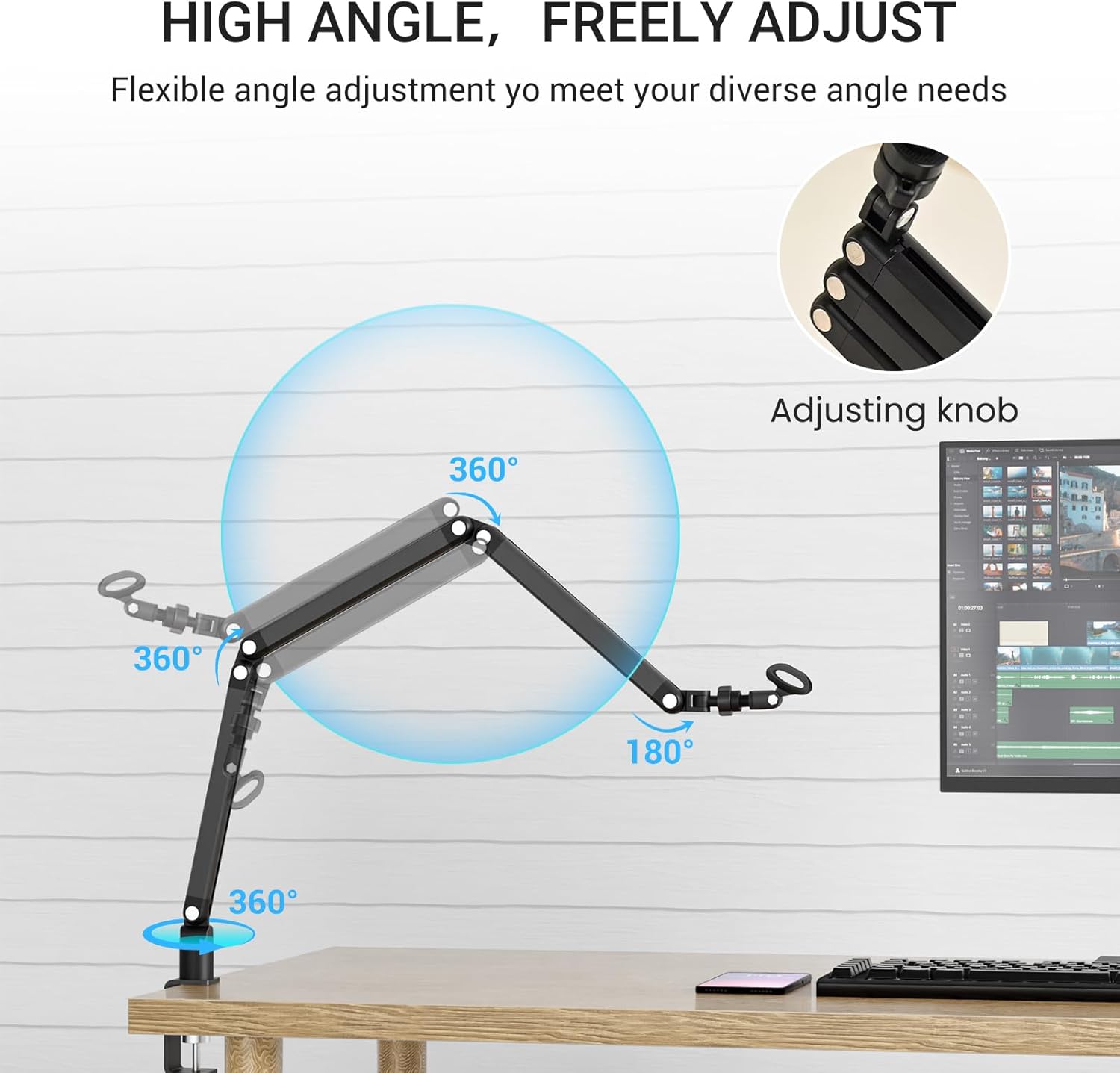 Adjustable Mic Arm, 30 Inch Rotatable Desktop Stand With Cable Management And 3/8 "5/8" Thread, Suitable For Lightweight Microphones Weighing Up To 3 Pounds, Suitable For Streaming, Podcasting, Gaming