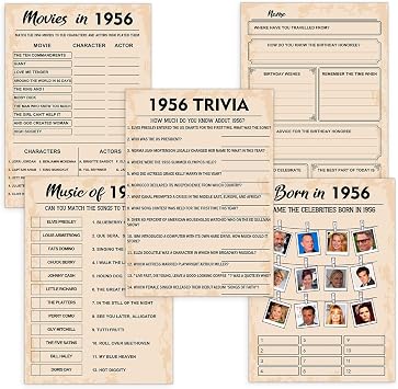 QUPT 70th Birthday Party Games, Born in 1956 Games Bundle, Set of 5 Activities for 10 Guests, Birthday Party Supplies for Adults, Pack of 50 Cards