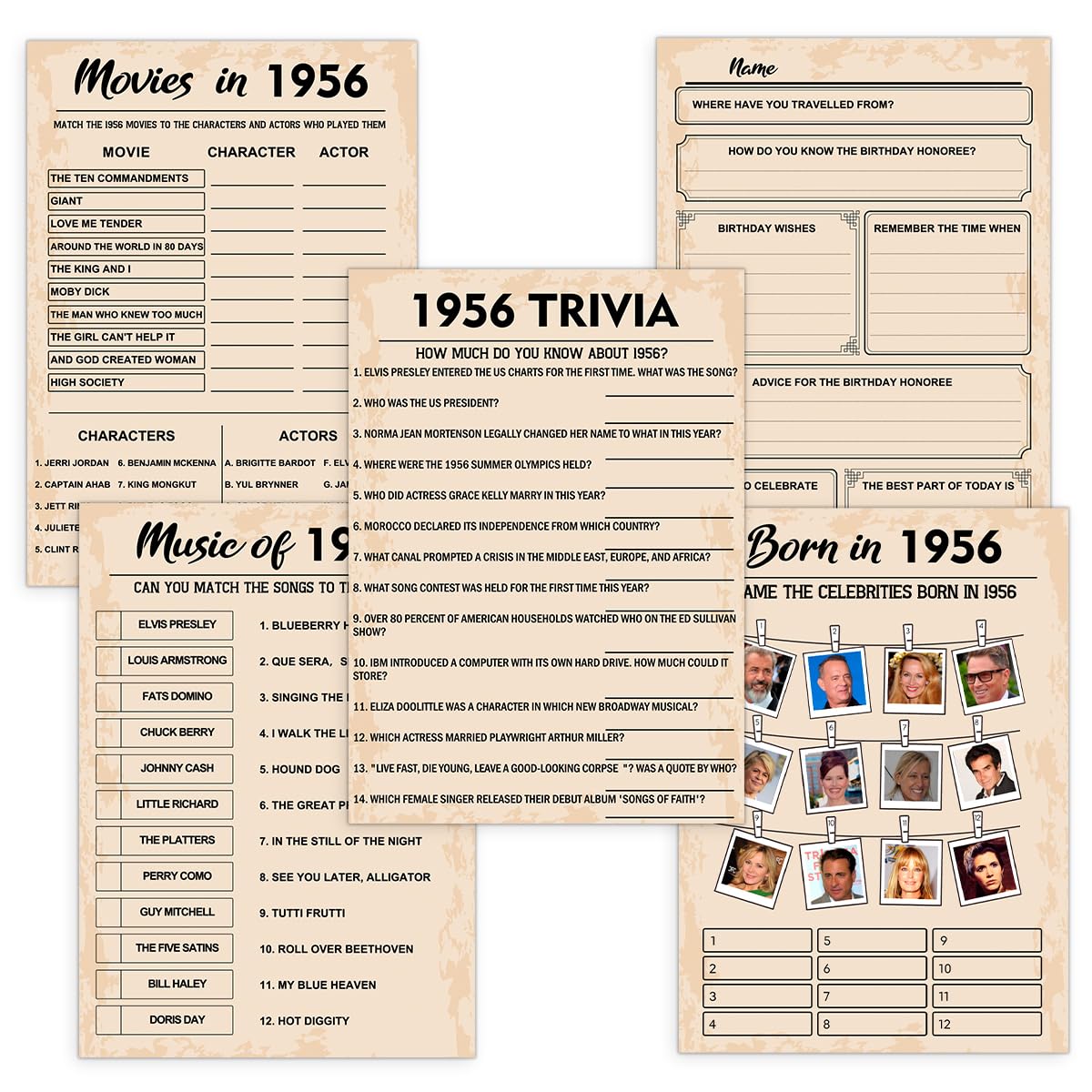 QUPT 70th Birthday Party Games, Born in 1956 Games Bundle, Set of 5 Activities for 10 Guests, Birthday Party Supplies for Adults, Pack of 50 Cards