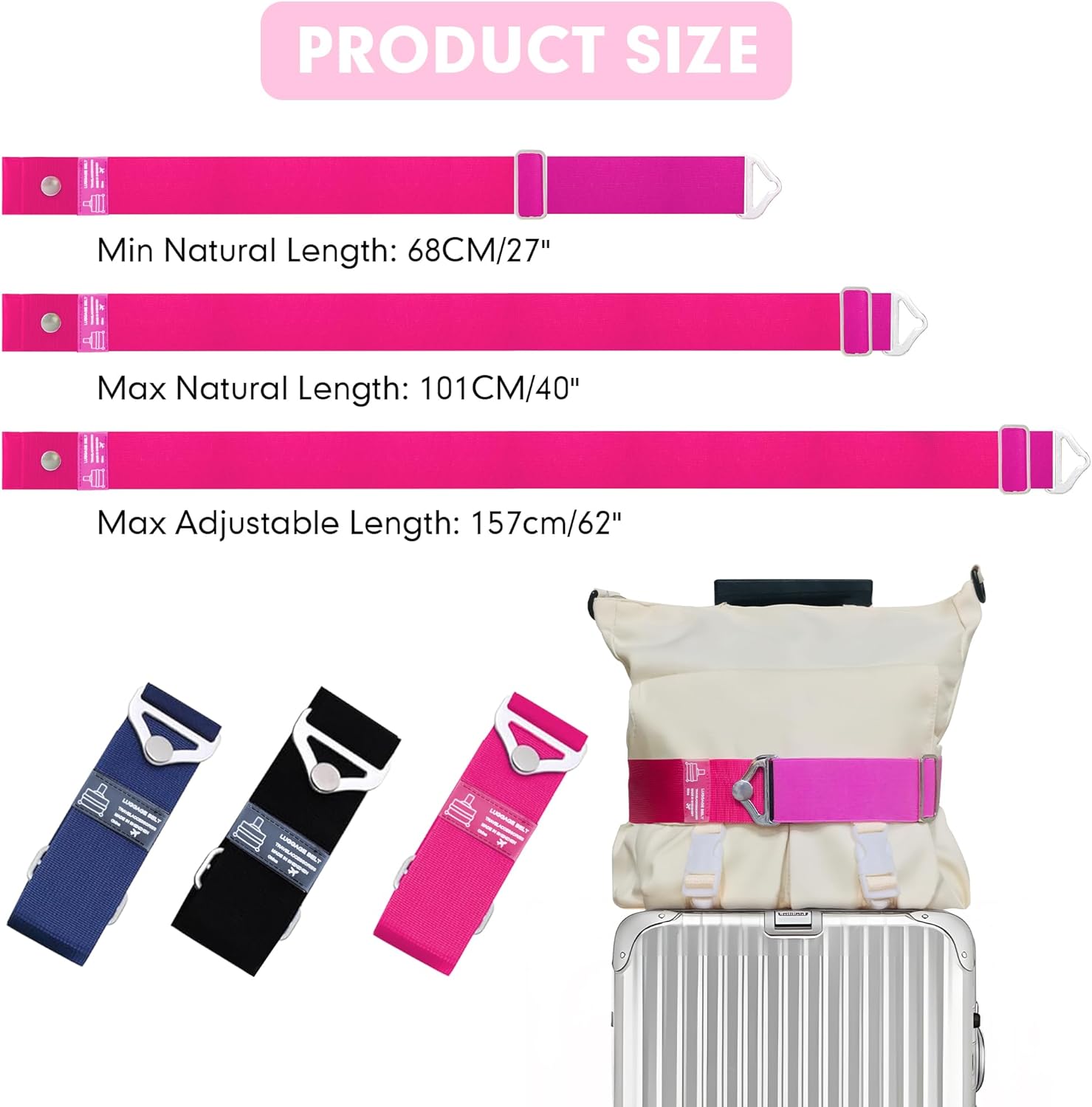 2-in-1 Travel Belt for Luggage Over Handle, Luggage Belt for Carry on Bag, Suitcase Straps, Add a Bag Bungees Luggage Straps Adjustable with Alloy Buckle,Hands-Free for Airport (Pink, 1 Pack) - Image 2