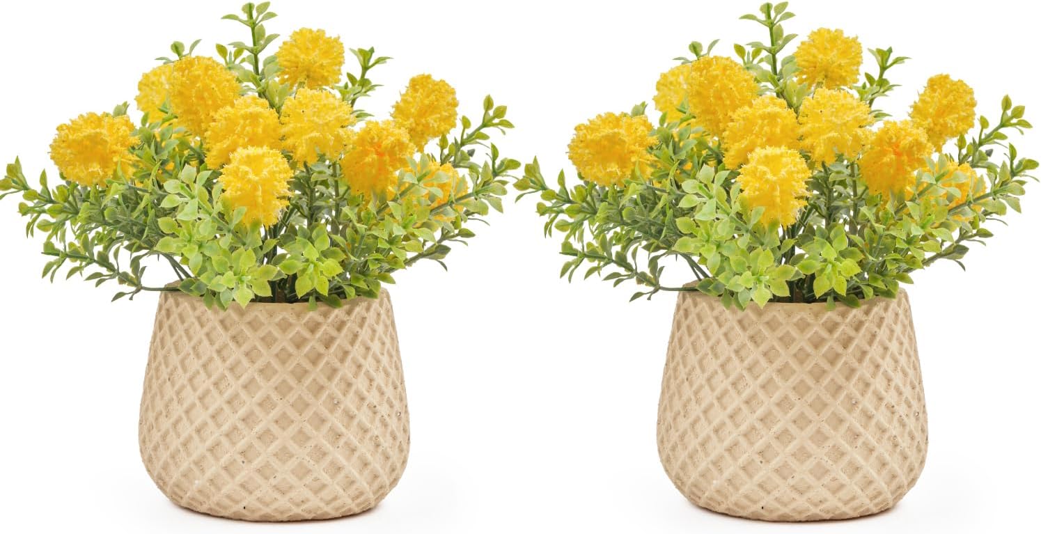 Fake Plants Small with 2 Pack, The Goleden Ball Flower for Bathroom Shelf Decor, Decorative Plants for Home Living Room Office Bedroom Table Tray Shelve Farmhouse Decor Indoor(Yellow)