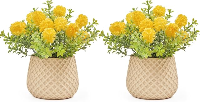 Fake Plants Small with 2 Pack, The Goleden Ball Flower for Bathroom Shelf Decor, Decorative Plants for Home Living Room Office Bedroom Table Tray Shelve Farmhouse Decor Indoor(Yellow)