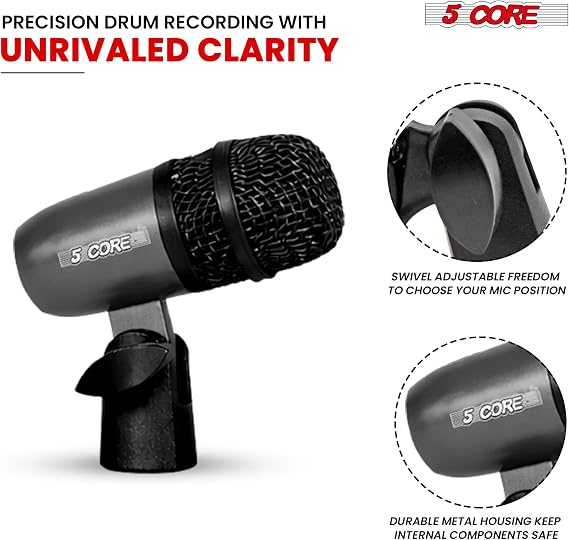 5 CORE Snare Microphone Copper Finish XLR Wired Cardioid Uni Directional Tom Kick Drum Mic w Smooth Swivel Mount Steel Mesh Grille Rim Mount Black - Snare MIC BLK
