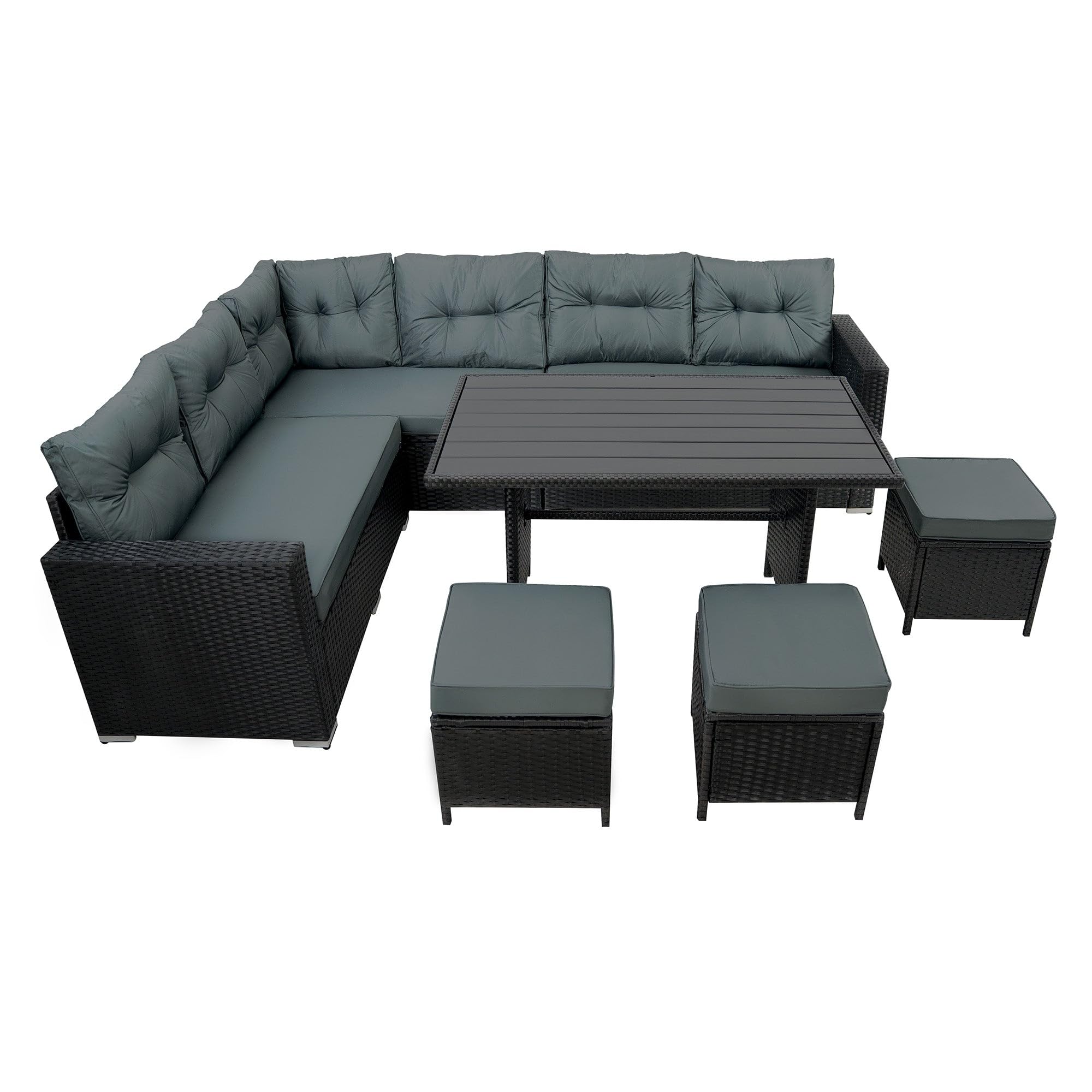 Conjunto Comedor Jardín Ratán 9 Plazas con Sofá Rinconera Mesa y Taburetes Muebles Exterior Poliratán Negro con Cojines Gruesos y Funda Impermeable Terraza Patio