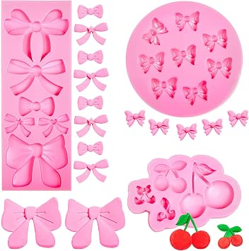 Geiserailie 3 Pack Cherry and Bow Silicone Mold Set Fondant Chocolate Candy Mold for Cupcake Decorating, Baking Supplies for Cake Candy Gum Crafts