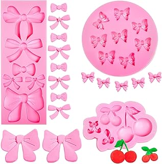 Geiserailie 3 Pack Cherry and Bow Silicone Mold Set Fondant Chocolate Candy Mold for Cupcake Decorating, Baking Supplies for Cake Candy Gum Crafts