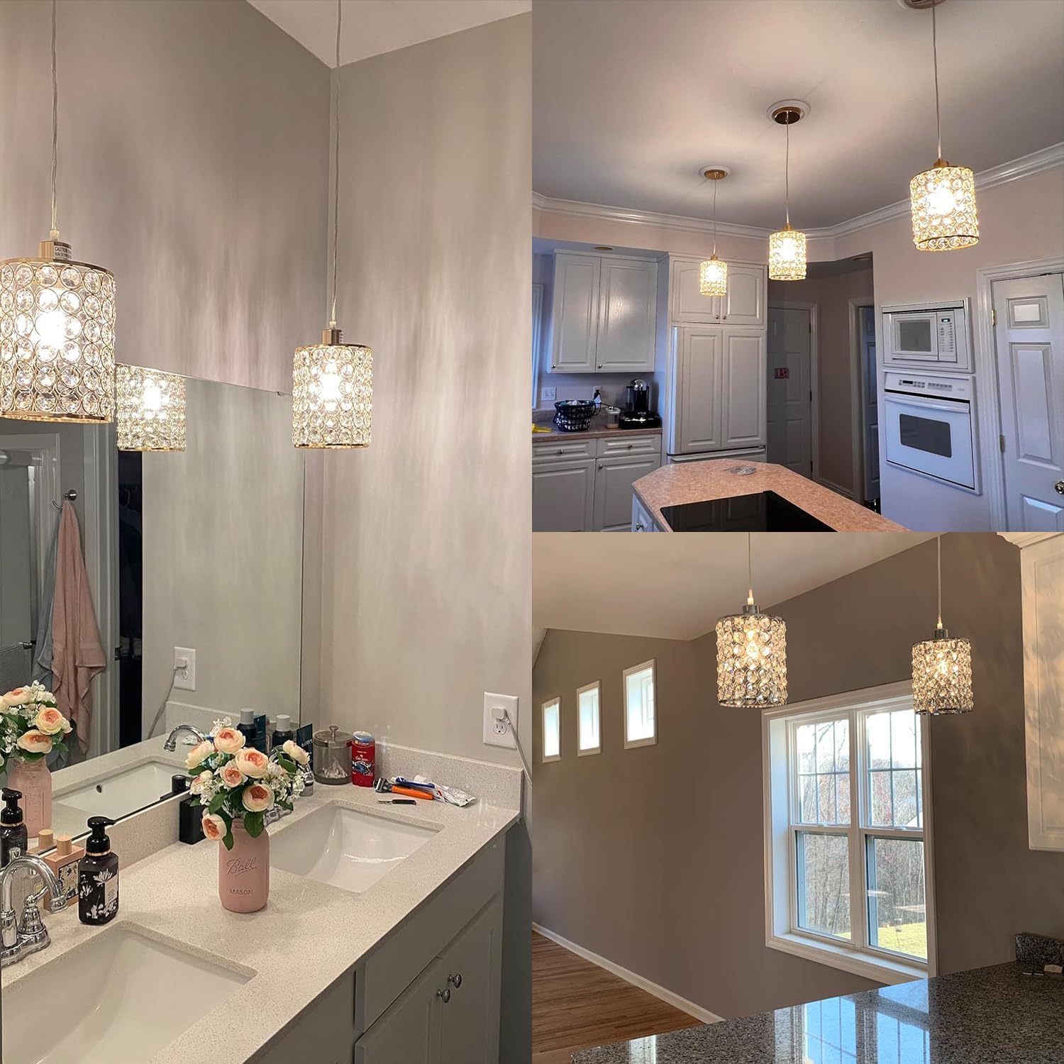 TISLYCO Modern Crystal Pendant Light Fixtures Set of 2, Ceiling Hanging Crystal Chandelier Over Kitchen Island Sink Lighting,Chrome Pendant Lighting For Dining Room, Bathroom, Hallway, EntryWay,Closet