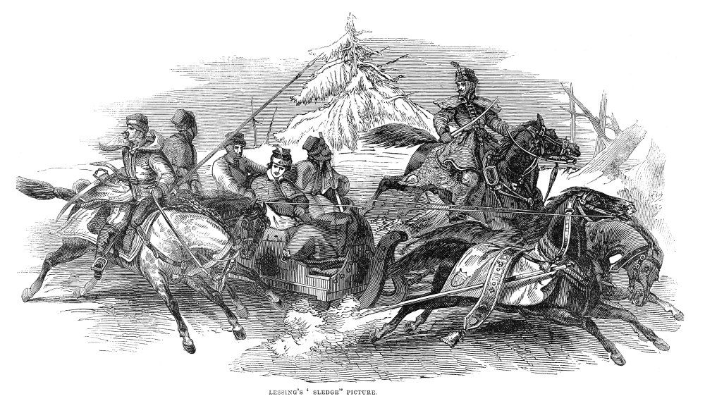 Lessing Sleighing 1845 Nmen Fleeing On Horseback And By Sled English Wood Engraving After A Painting By Lessing 1845 Poster Print by (24 x 36)