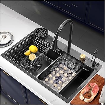 Modern Black Single Bowl Undermount Kitchen Sink 304 Stainless Steel Drop In Nano Raindance Waterfall Sink Farmhouse Workstation Sinks with Pull-Out Faucet, Drain Basket, for Laundry Garage Bar