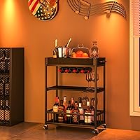 Vista 6 de Carro de servicio para bar con soporte para vino de 3 niveles, carrito móvil para el hogar, con ruedas, carrito de cocina industrial