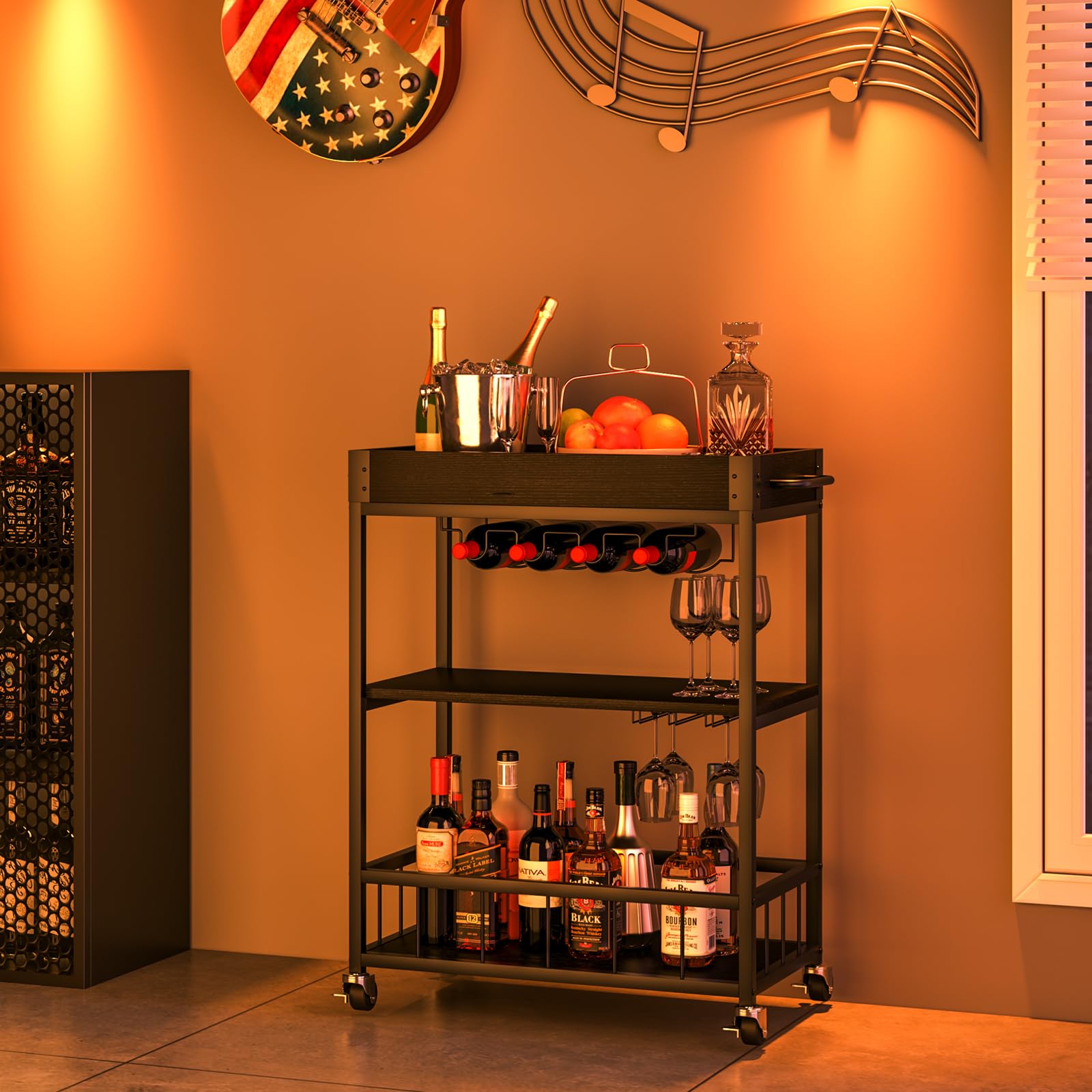 Huhote Carrito de Servir Multifuncional - Cocina, Bar Con Ruedas, Soporte para Botellas de Vino, 3 Niveles - para Salón, Comedor, Cocina, Bar, Fiesta - Negro