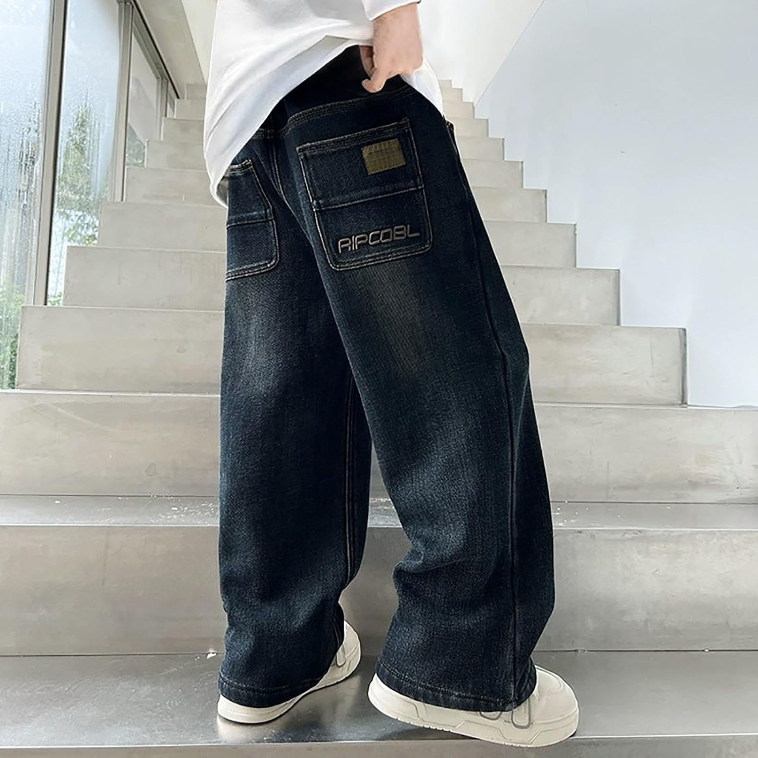 Boys Baggy Jeans Wide Leg Elastic Waist Pants Denim Cargo Trousers with Pockets Casual Streetwear 7 to 15Y