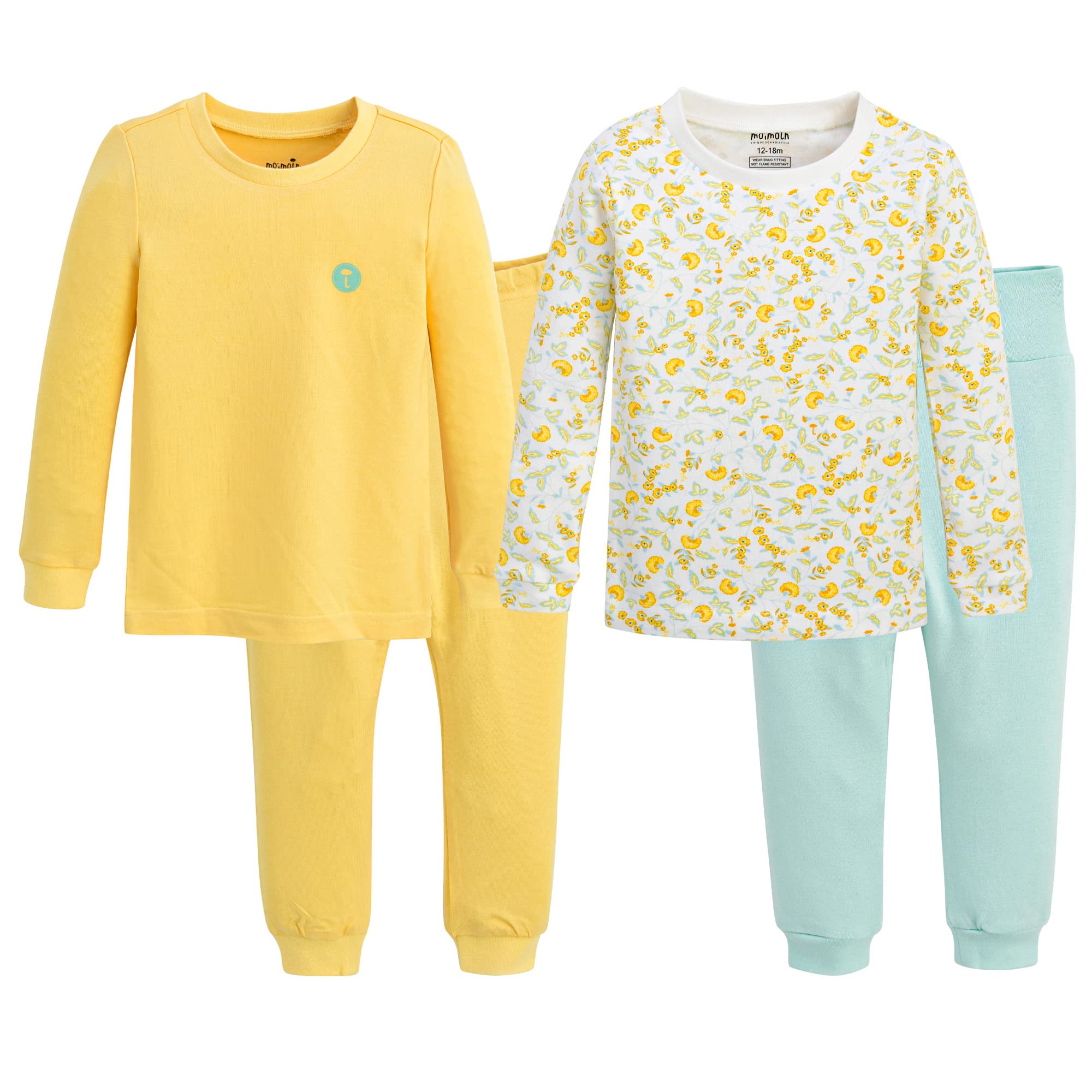 moimoln Girls Long Sleeve Modal 12-18M+ Viscose 12-18M Sleepwear Snug Fit Pajamas 4pcs Set (Yellow+Flower)
