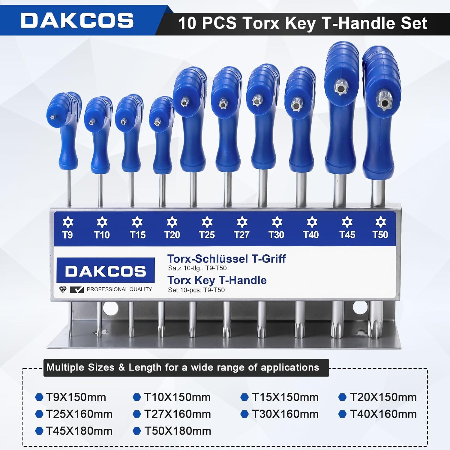 DAKCOS 10 Pcs T-Handle Torx Wrench Set, T9-T50 Star Key with Storage Rack, Cr-V