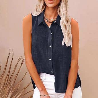 Linen Tops Women Solid Button Down Sleeveless Shirts Dressy Roll Up Tank Tops Summer Lapel Neck Elegant Vests Business Casual Office Work Loose Vests Casual Oversized Tank Tops S-XXL