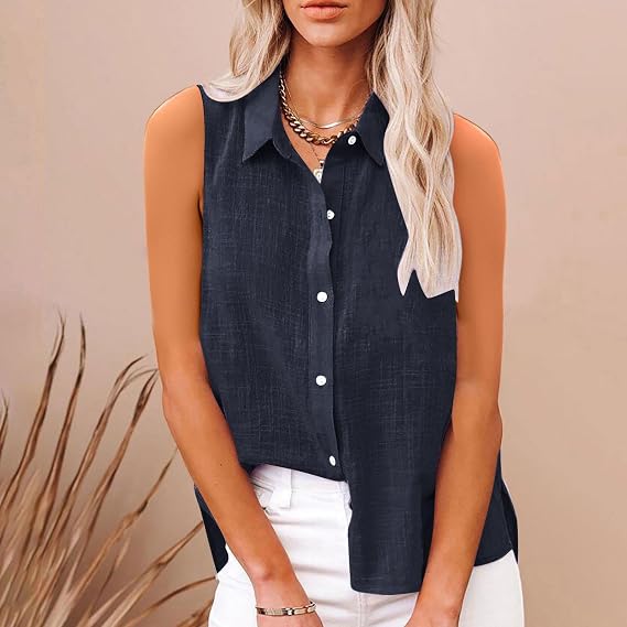 Linen Tops Women Solid Button Down Sleeveless Shirts Dressy Roll Up Tank Tops Summer Lapel Neck Elegant Vests Business Casual Office Work Loose Vests Casual Oversized Tank Tops S-XXL