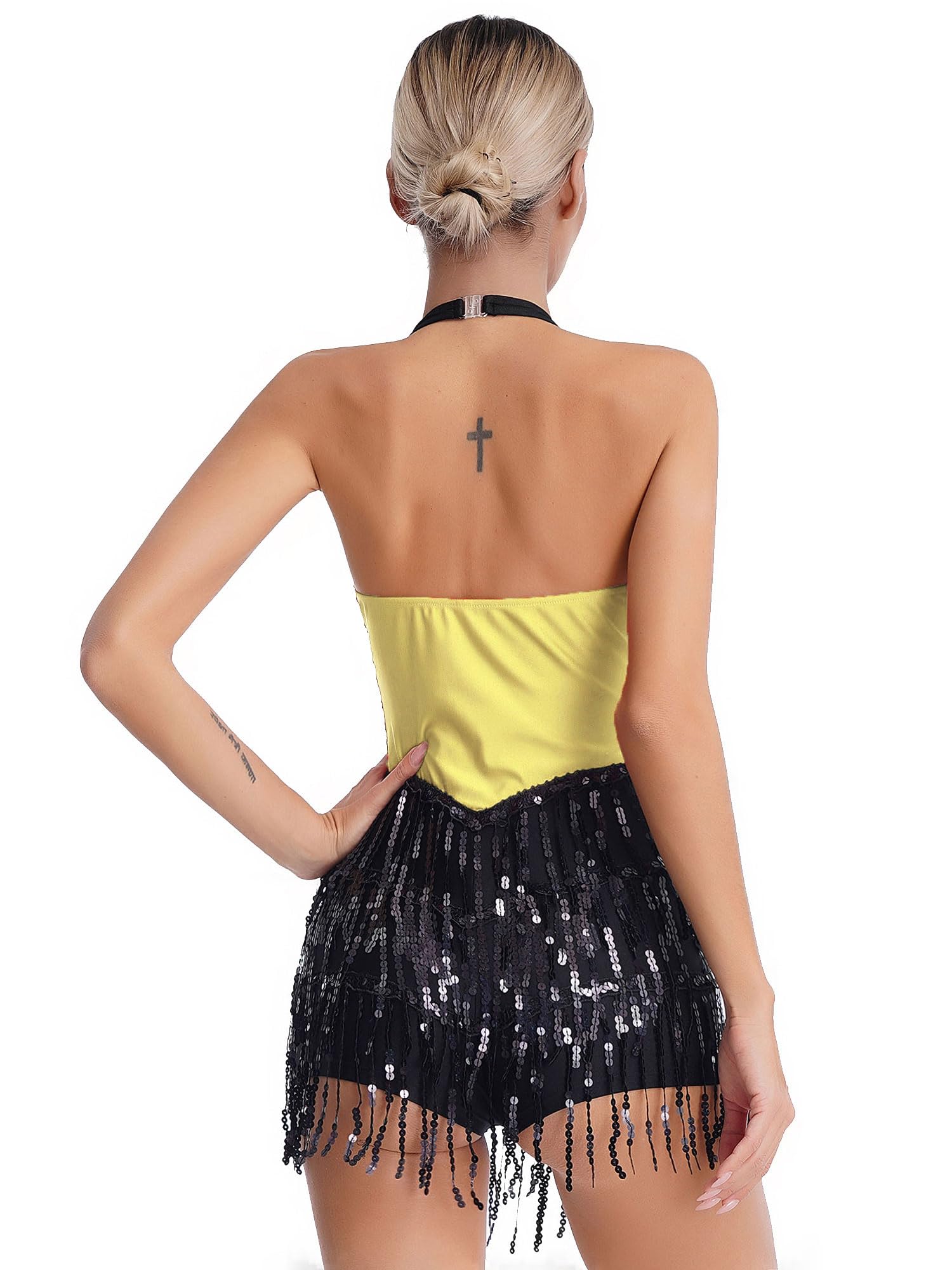 TTAO Damen ärmelloses Tanzkleid mit Fransen 80er 90er Jahre Tanz Trikot Pailletten Jazz Tanz Kostüm Musical Hip Hop Tanzkleidung