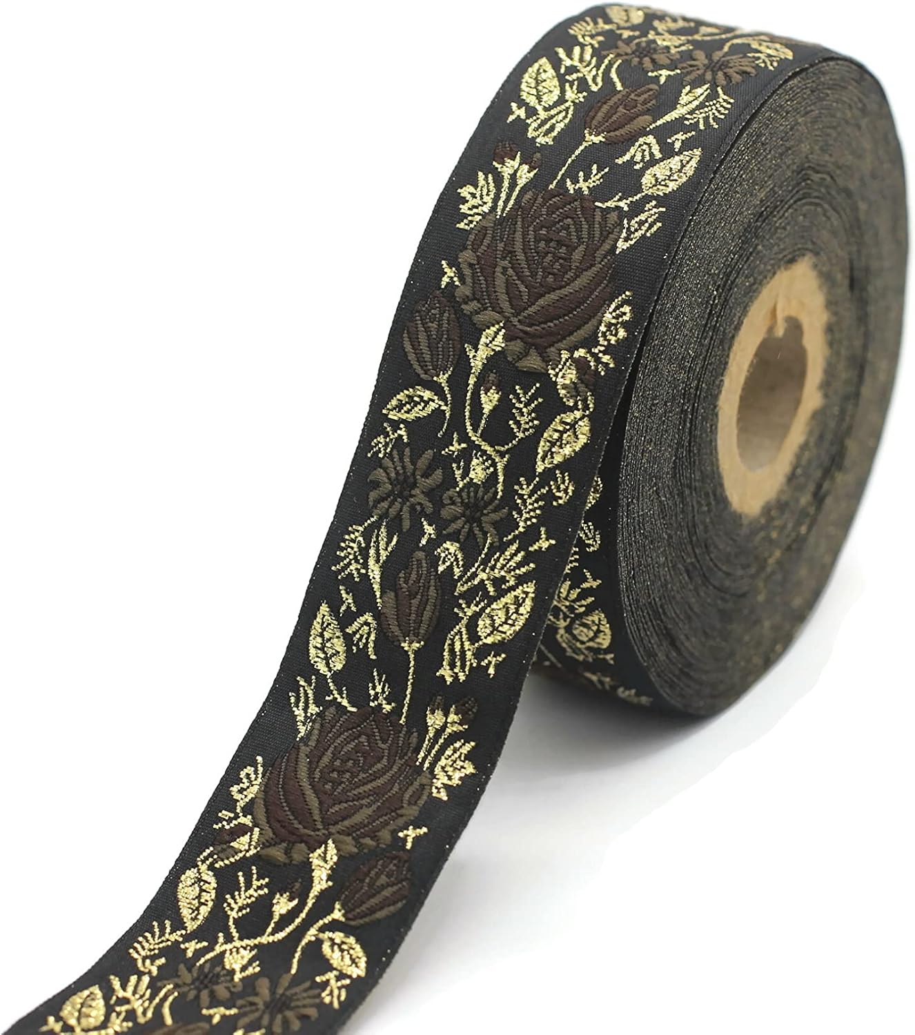 11 Yard Spool 1.37" Brown Black Rose Flowers Jacquard Ribbon Trim Woven Border Floral Embroidery Lace Tape DIY Craft Accessories Embellishment 35089
