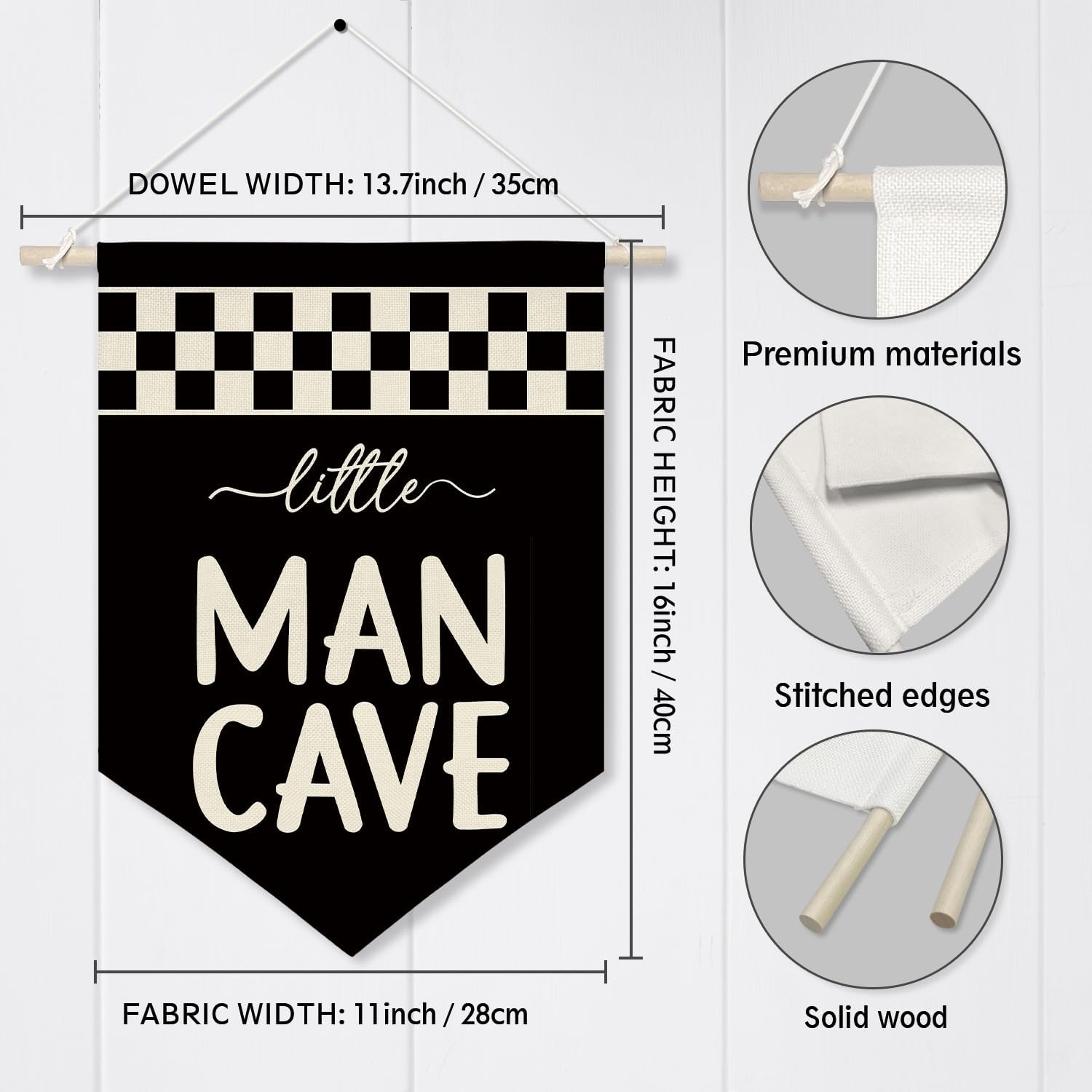 Little Man Cave Wall Banner for Boys Room – Black & White Checkered Canvas Wall Hanging Sign for Kids Playroom, Toddler Bedroom Decor, Cool Poster Gift for Son or Grandson 11x16 inch(KD25)