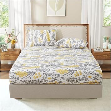Printed Fitted Sheet Leaf Fitted Sheet Spring Branches and Leaves Bed Set Microfiber Farmhouse Deep Pocket Cover Twin6,180x200x35cm 3pcs