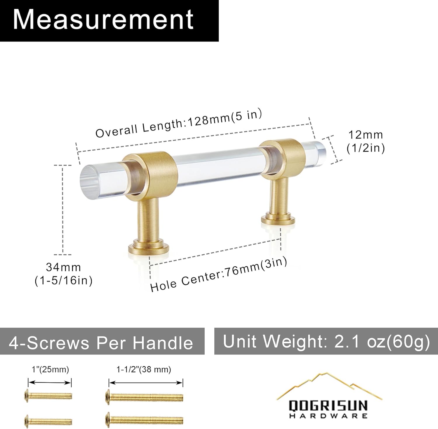 QOGRISUN 10-Pack Acrylic Cabinet Pulls with Brass Base, Gold Modern Drawer Handles, 3-inch Hole Center for Kitchen, Dresser Drawer Clear Glass Crystal Pulls, 5.1-inch Total Length