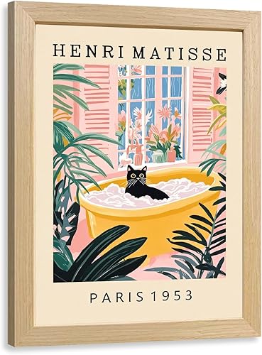 kilamino Wood Framed Funny Bathroom Wall Art, Henri Matisse Black Cat Wall Decor, Cute Black Cat Bathing Art Print, Colorful Animal Canvas Painting
