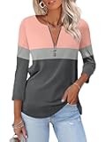 Women’s 3/4 Length Sleeve Tops Summer Color Block Zipper T Shirts Casual Ladies Tees