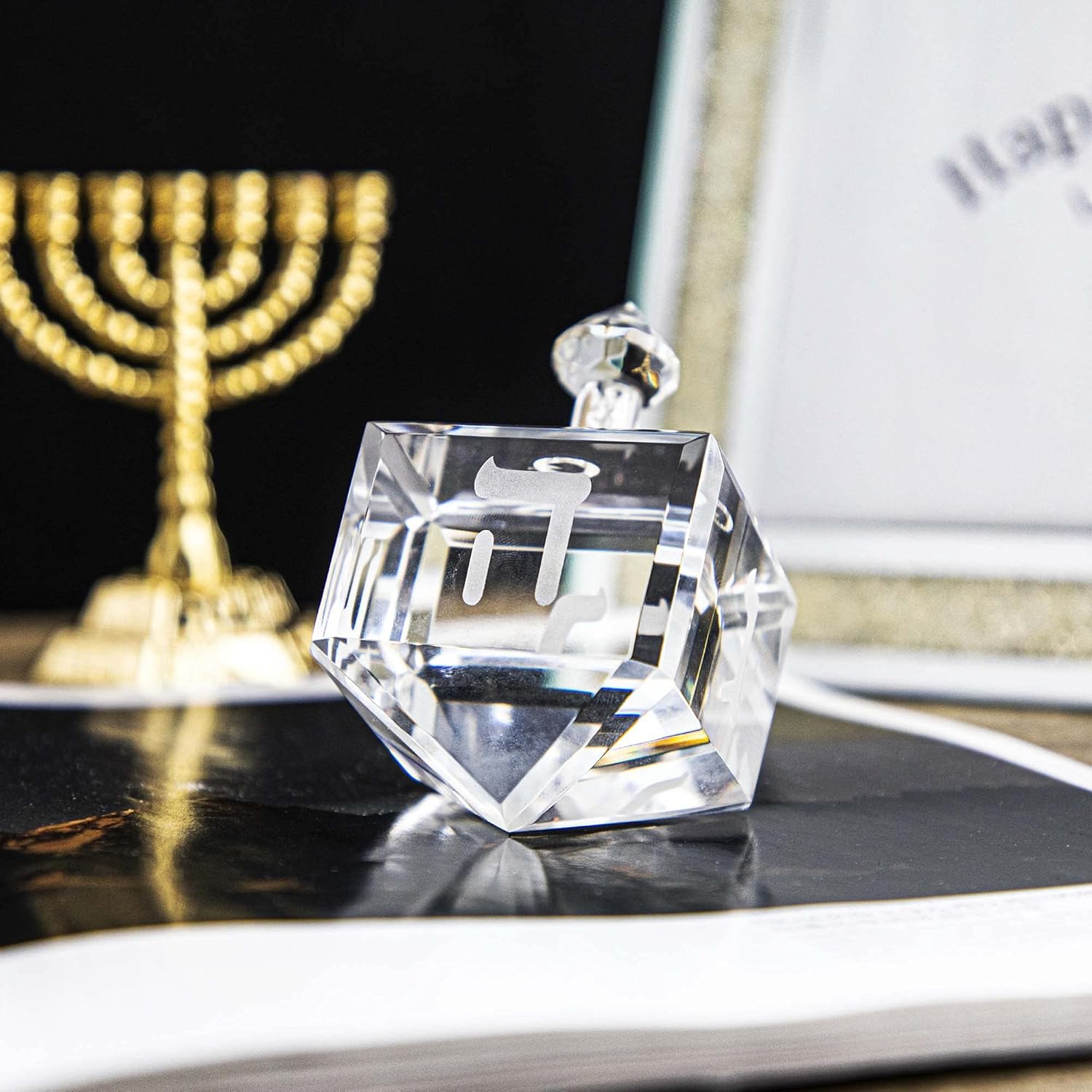 QFkris Crystal Hanukkah Dreidel Paperweight with Hebrew Letters 3.5“ Glass Figurines Collectibles Hanukkah Gift Home Table Decor