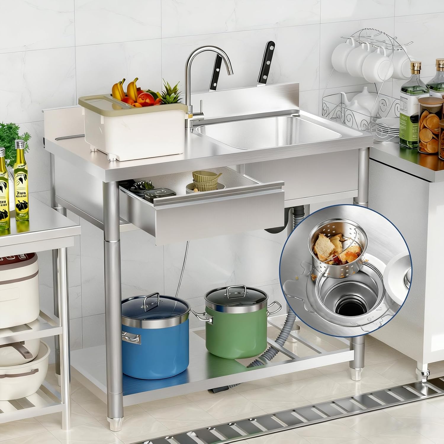 304 Stainless Steel Outdoor Utility Sink with Workbench & Storage Shelf, Freestanding Prep Table with Left Drawer, 39" Garden Patio Sink Station with 360° Hot & Cold Water Faucet