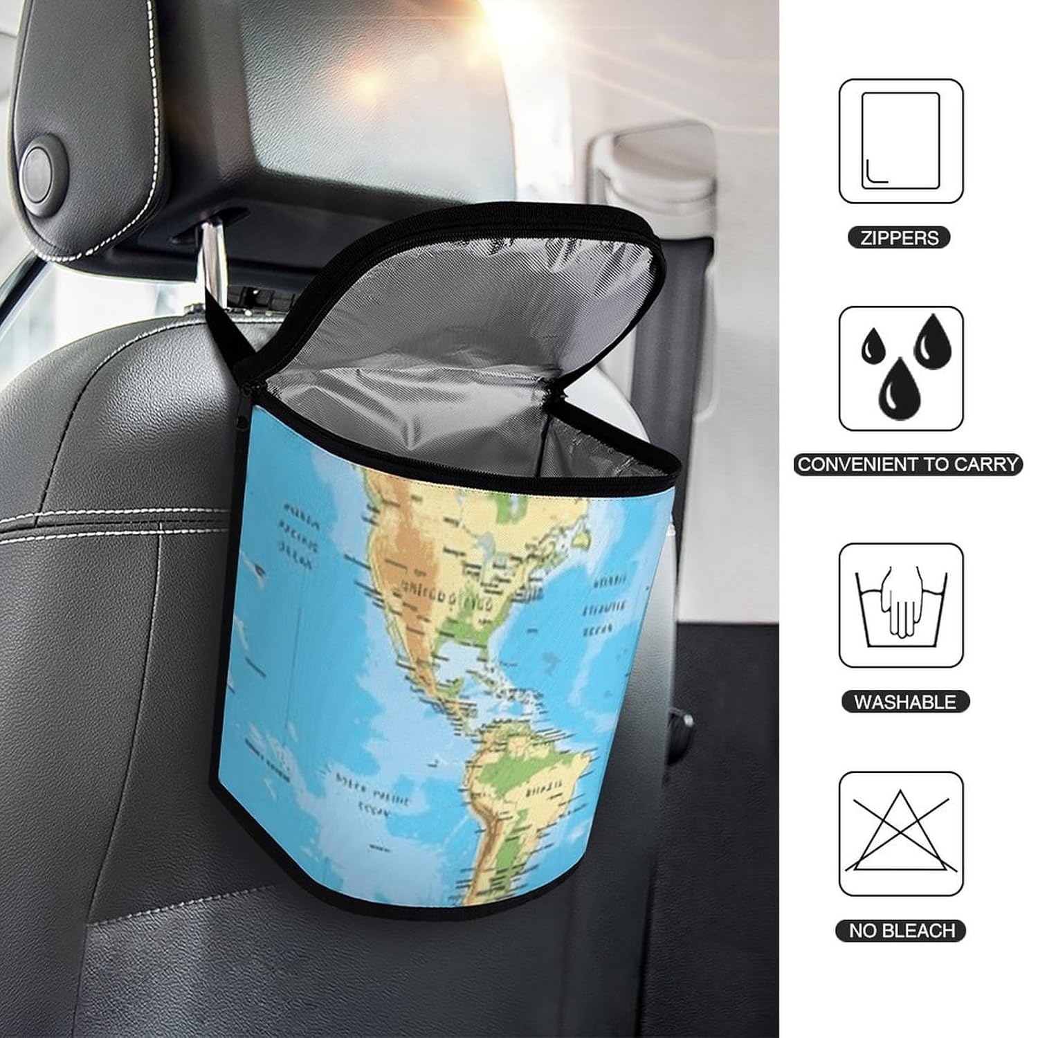 Hanging Car Trash Bag Map Printed Car Garbage Storage Bag Leakproof Car Trash Can Portable Garbage Storage Bags