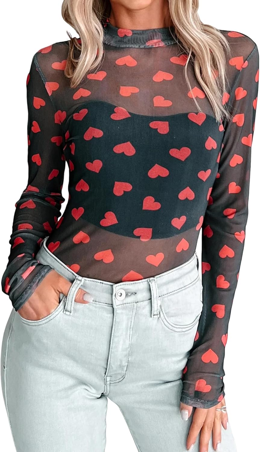 Melliflo Womens Mesh Long Sleeve Tops Valentines Heart Printed Sheer Tops Slim Fit Crewneck Club Night Blouses 2026