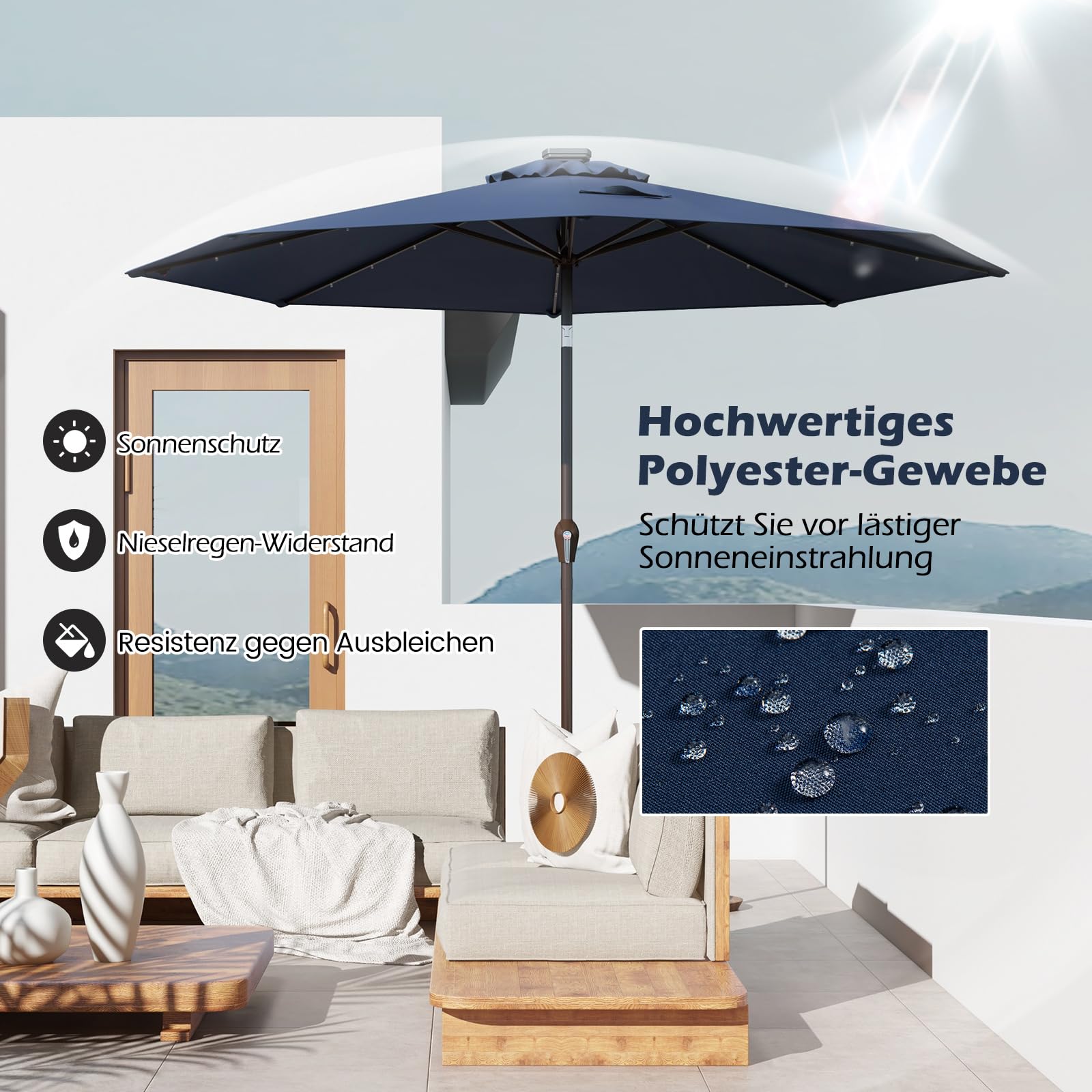 RELAX4LIFE Sonnenschirm Ø3M, Gartenschirm mit LED, Marktschirm Sechseck, Terrassenschirm mit Kurbelmechanismus, Kurbelschirm UV-beständig und Wasserabweisend, Ampelschirm Metallstruktur (Dunkelblau)
