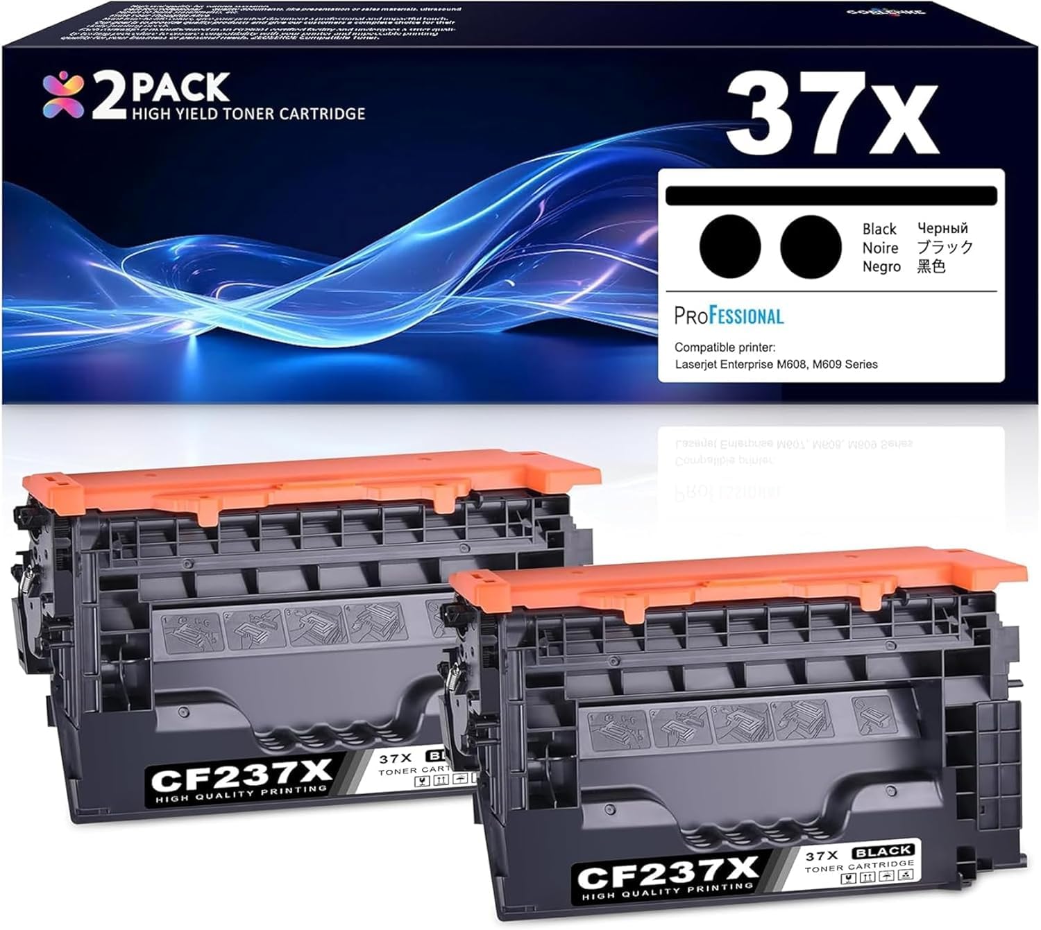 Paquete de 2 cartuchos de tóner 37X de alto rendimiento (nuevo chip) para HP 37X cartucho de tóner negro, Cf237X 37A 37Y funciona con impresora láser Enterprise M607, M608, M609; MFP M631, M632, M633