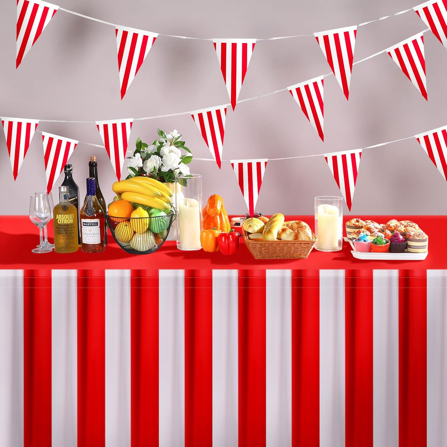 25 Pieces Carnival Theme Party Decors Carnival Table Skirts Circus Theme Tablecloths Red White Striped Pennant Banners Circus Bunting Banners Decors