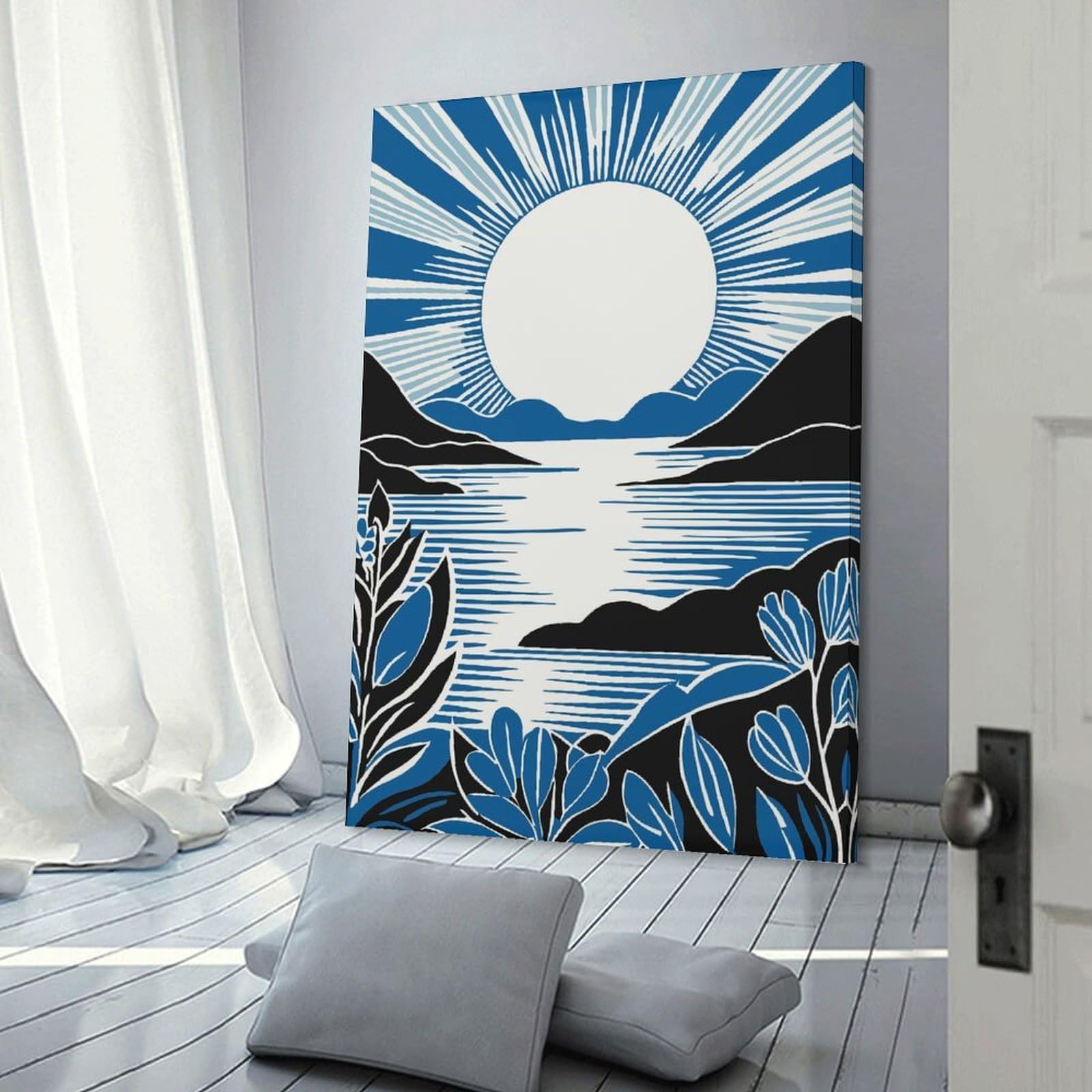 Junmoney Hanging Wall Art Blue Peaceful Sunset, 20x30inch(50x75cm), for Wall Displays, Bedrooms Or Room Updates, Wall Decor Suited to Curated Displays