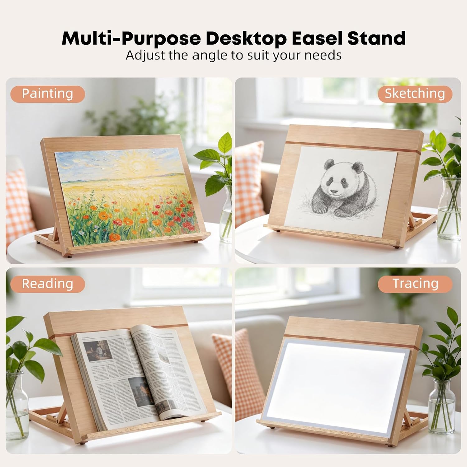 Wooden Tabletop Easel for Painting, Adjustable Table Top Artist Drawing Board for Adults, Students, 4-Position Art Easel Stand 18.5" x 14.2" Drafting Board with A3 Sketch Paper, A3