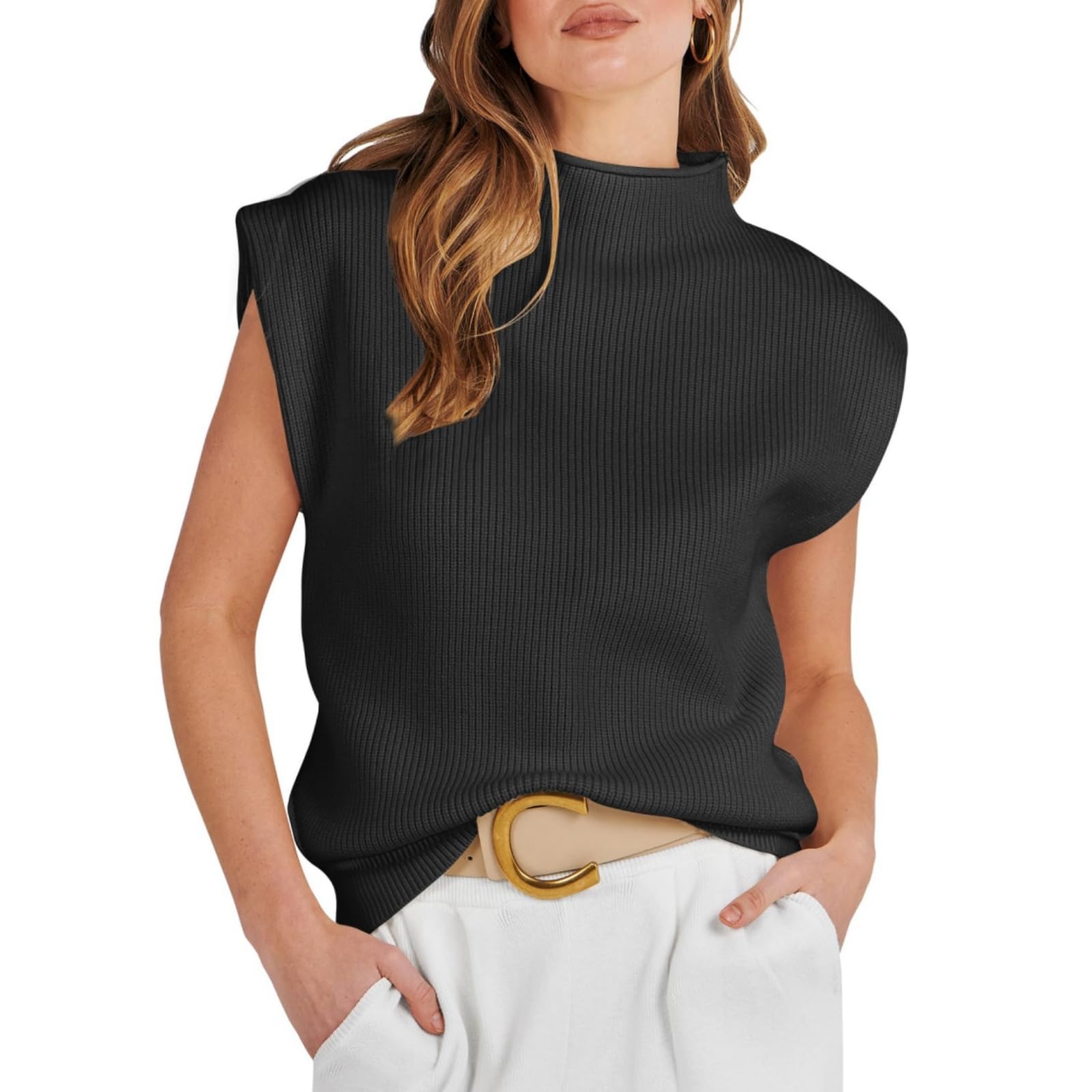 Leyajedol Women Casual Mock Neck Knit Sweater Vest Sleeveless Ribbed Pullover Tank Tops Solid Basic Knitwear