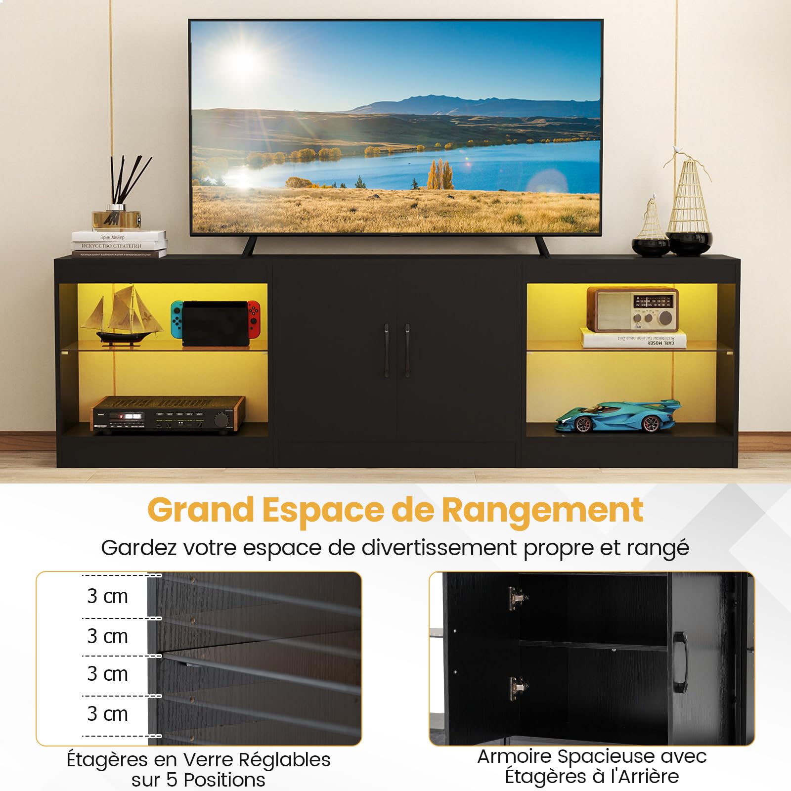 GYMAX Meuble TV avec Lumières LED 16 Couleurs pour Téléviseur 85", 3 Parties Modulaire Combinaison Libre, avec Étagères Réglables, pour Chambre, Salon, 195x30x55cm (Noir)