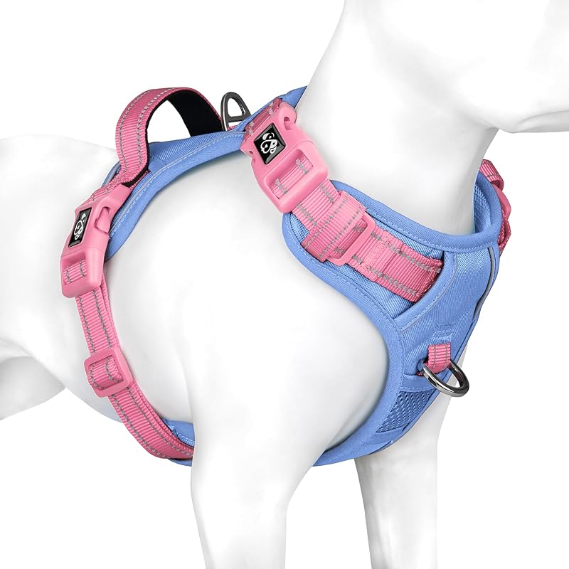Peitoral Vest No Pull Ajustável e Refletivo para Cães PHOEPET Baby Blue Base & Pink Straps Extra Large