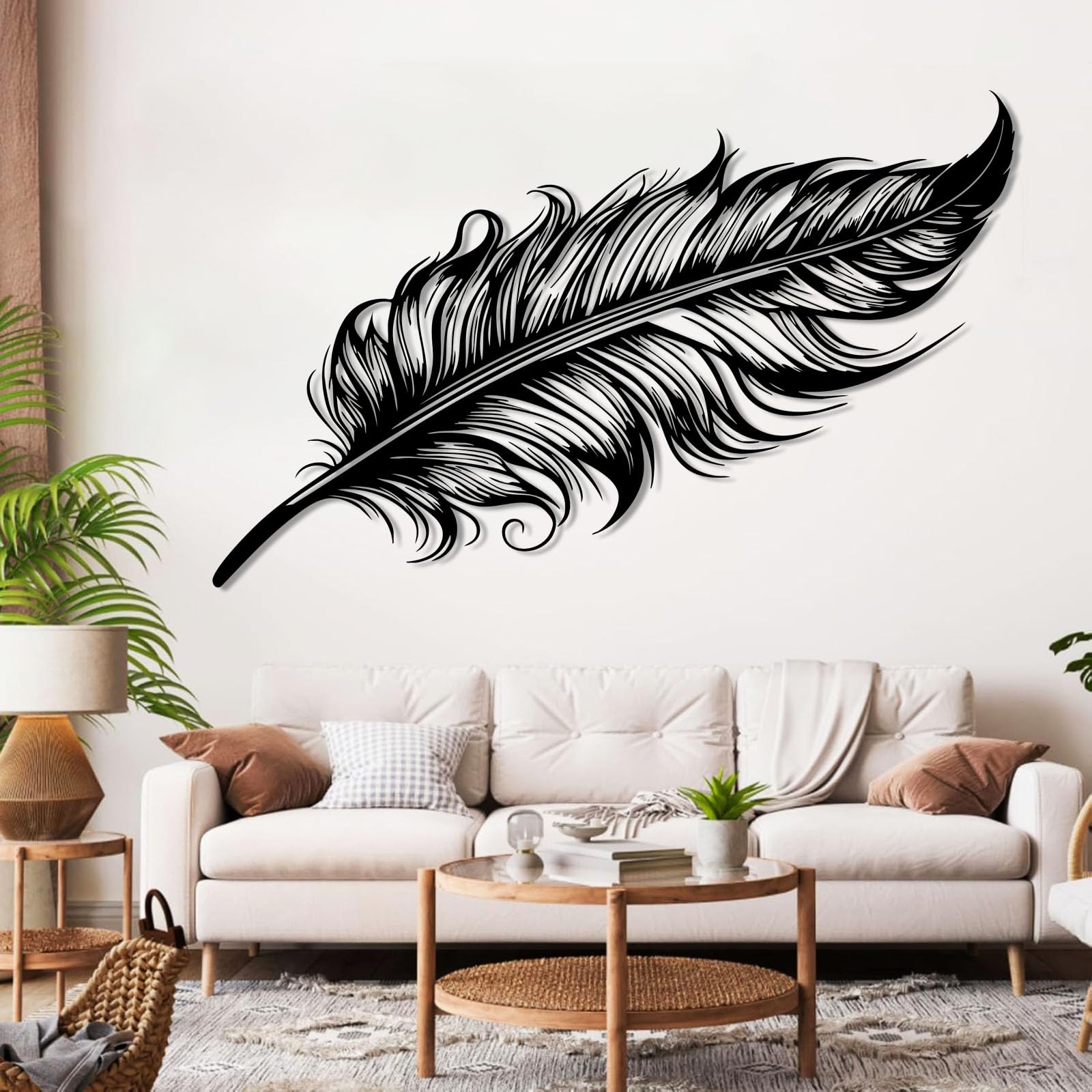 Metalowa dekoracja ścienna z piórami, duża metalowa dekoracja ścienna z piórami w stylu boho rustykalnym, czarna dekoracja ścienna do salonu, sypialni, korytarza i schodów, naturalny wy