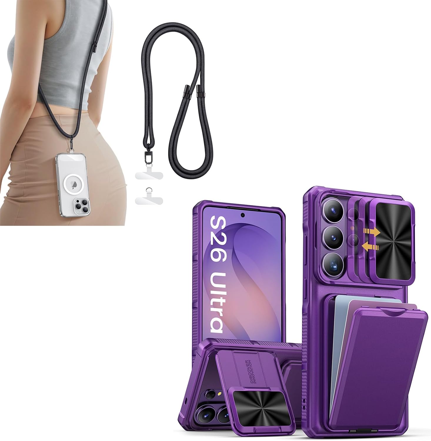 SSLOTSCASE for Samsung Galaxy S26 Ultra Case with Card Holder & Camera Stand & Kickstand & Slide Camera Lens Cover, Phone Lanyard Crossbody with 2X TPU Clear Tabs, Adjustable Anti Theft Strap