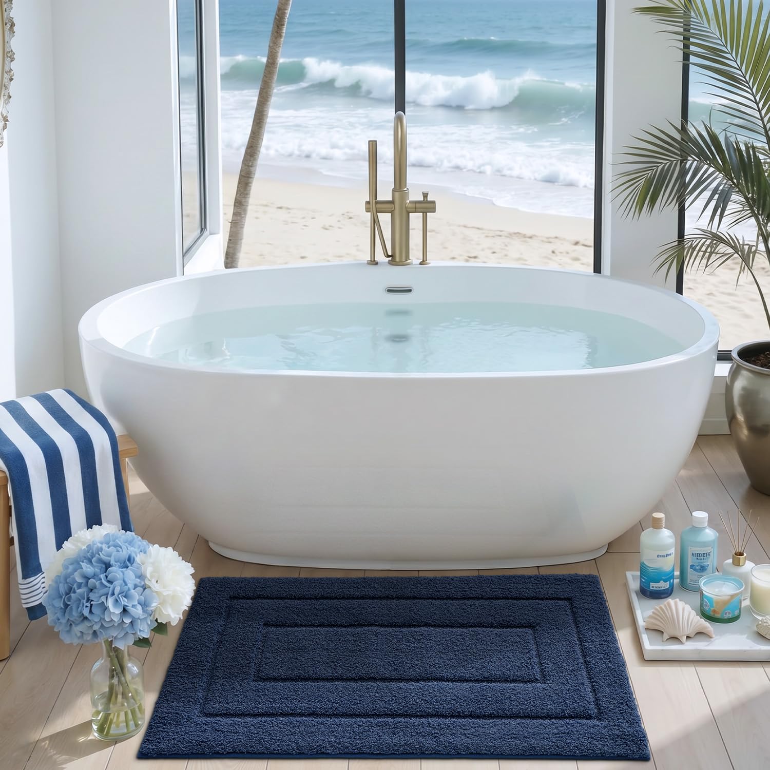DEXI Alfombra de baño extrasuave, Absorbente, Antideslizante, cómoda, para bañera, Ducha, baño, Lavable a máquina, 61 x 109 cm, Azul Marino