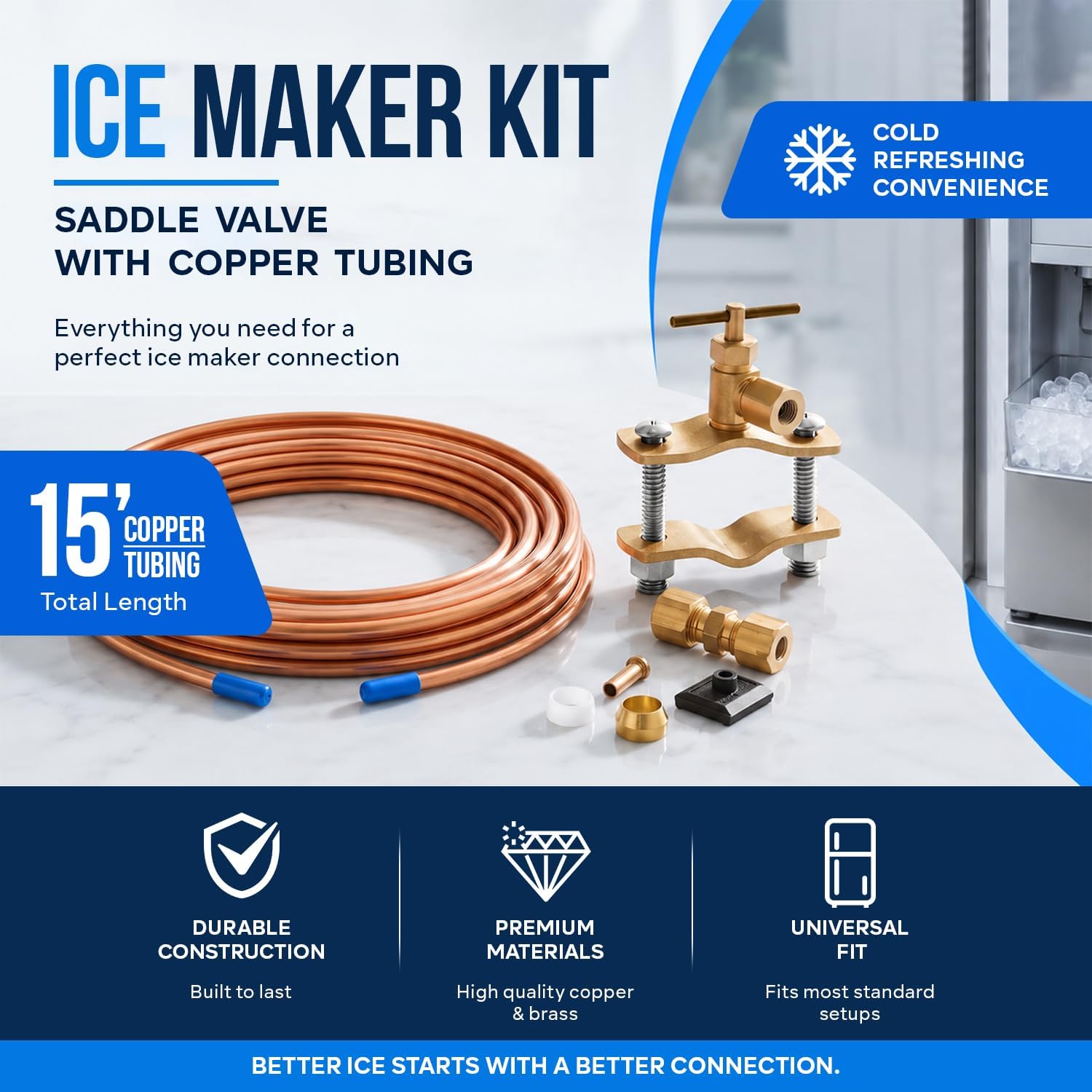 HIGHCRAFT Ice Maker Kit with Self Piercing Saddle Valve Copper Tubing 1/4" x 15' for Refrigerator Water Connection
